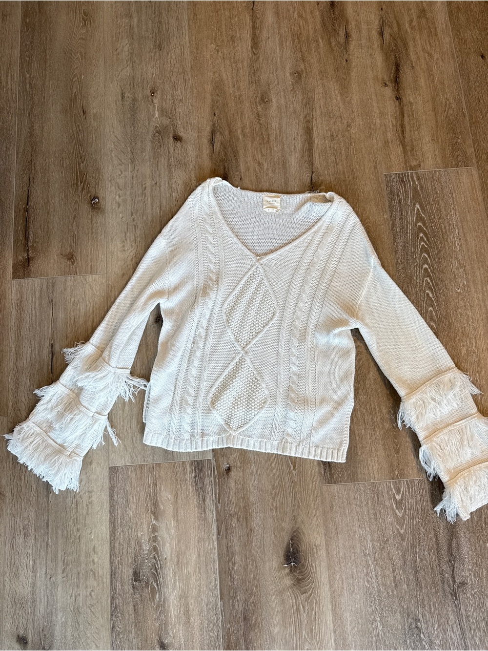 Fringed Ivory V-Neck Cable Knit Fringe Sleeve Sweater